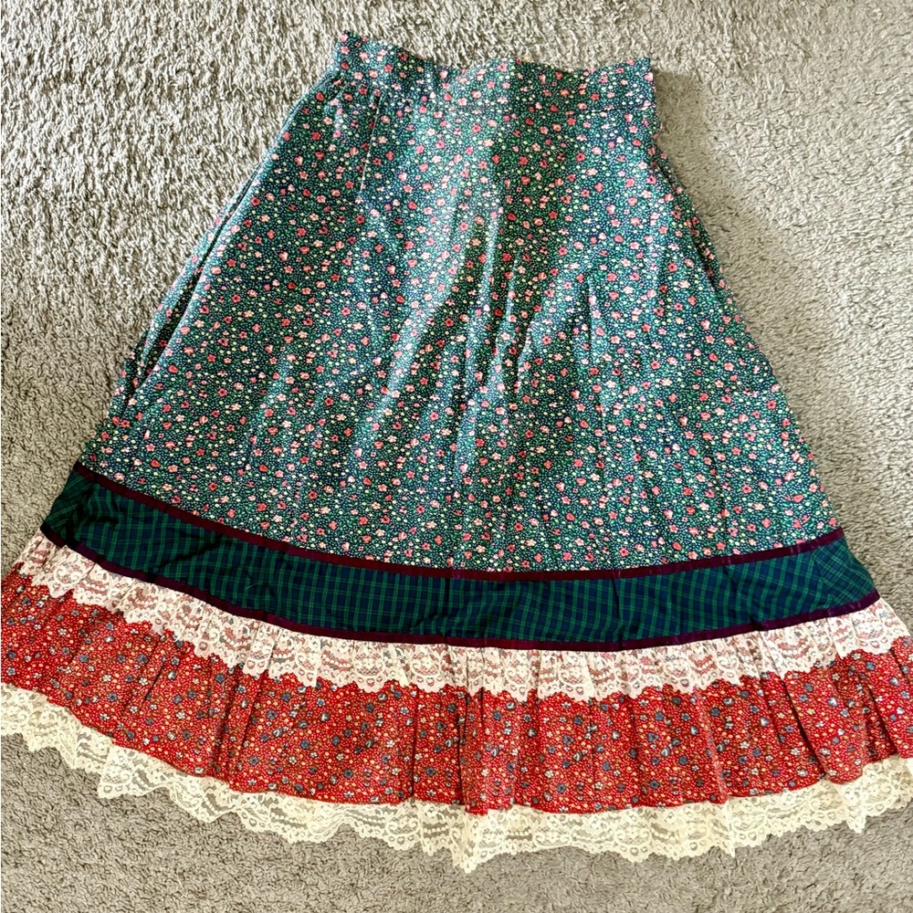VTG GUNNE SAX Jessica’s Gunnies Floral/plaid Patch Skirt Lace Trim.size 9 - Picture 3 of 12